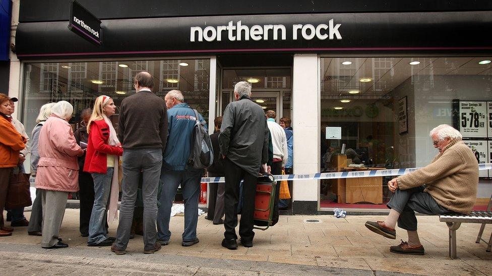 Customers queuing outside a Northern Rock branch to remove their money