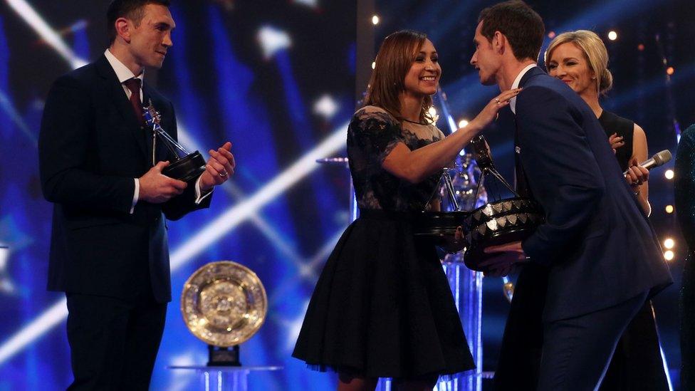 2015 SPOTY winner Andy Murray with Kevin Sinfield and Jessica Ennis-Hill