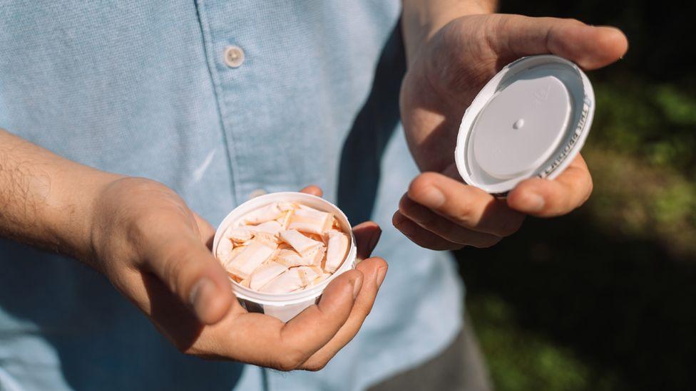 A man shows the camera a small container of nicotine pouches, which look like very small pillows. He is wearing a blue button-down shirt and standing outside. 
