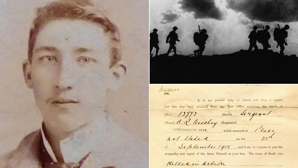 Barnard Beechey, soldiers on way to trenches near where he died, his death letter