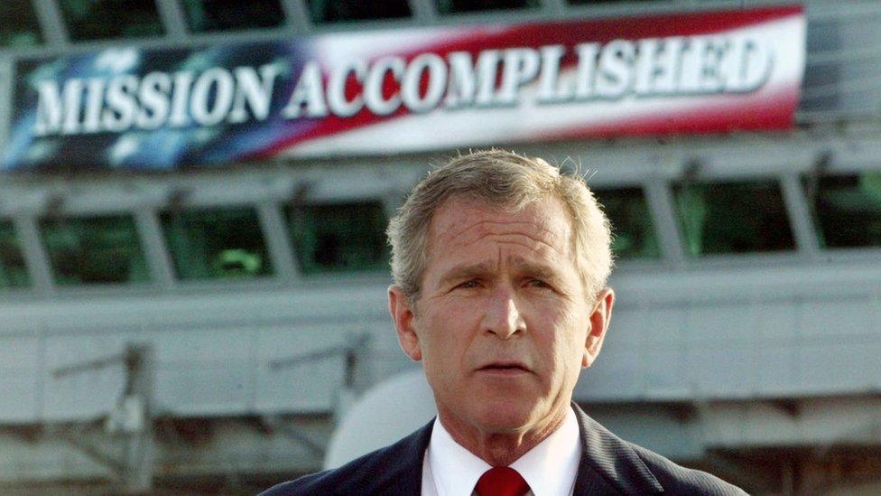 George W Bush aboard the aircraft carrier USS Abraham Lincoln, 1 May 2003