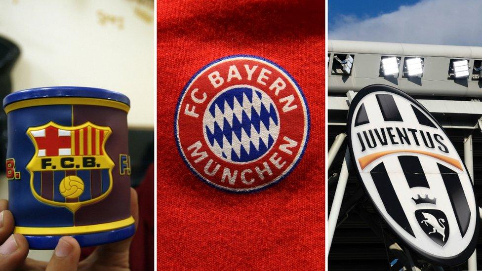 Logos of Real Madrid, Bayern Munich, Juventus.