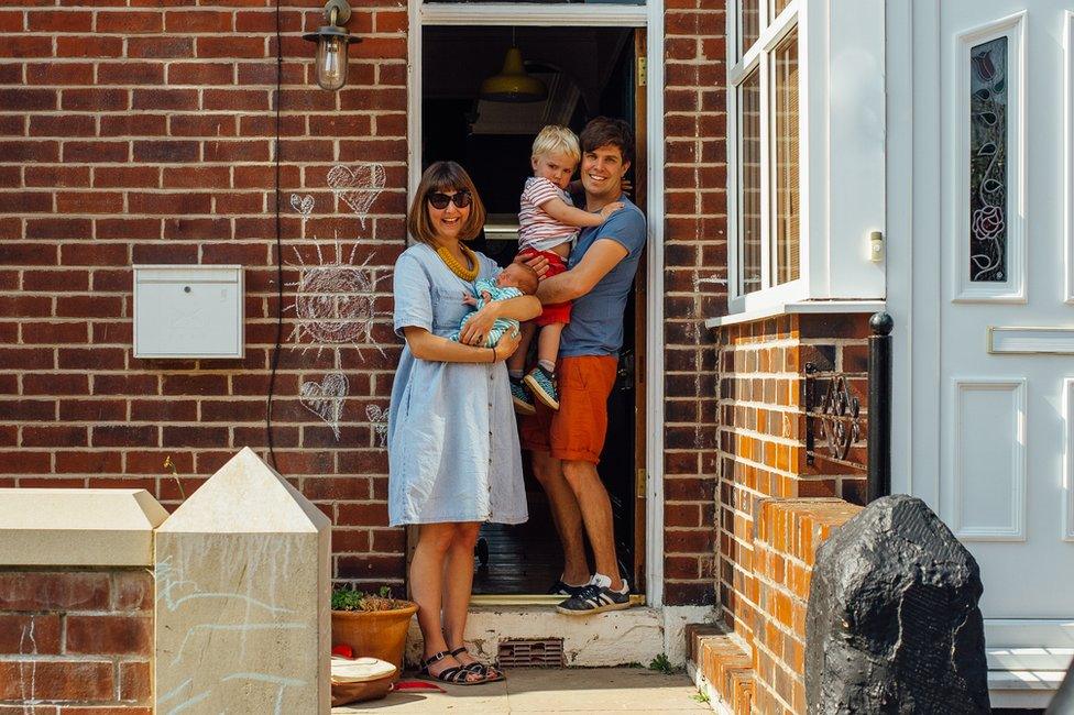 Doorstep portrait of of Rachel, Richard, Ezra and Nye in Meersbrook