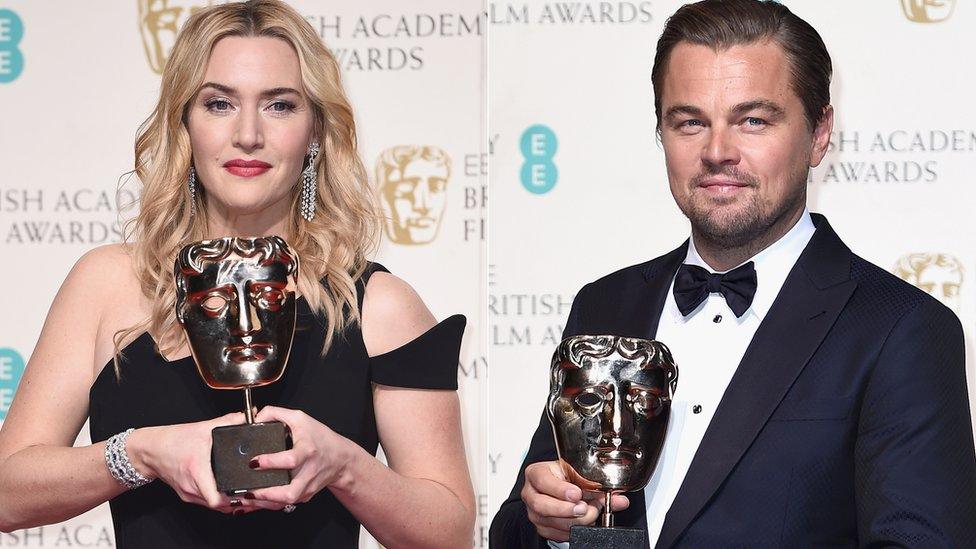 Kate Winslet and Leonardo DiCaprio with their Baftas