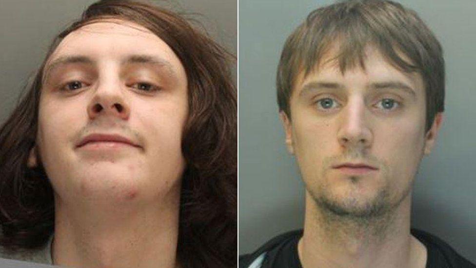 Police mugshots of James Foy, who has shoulder length brown hair and smirks at the camera, and Michael Foy, who has brown hair, stubble, and looks into the camera with a blank expression.