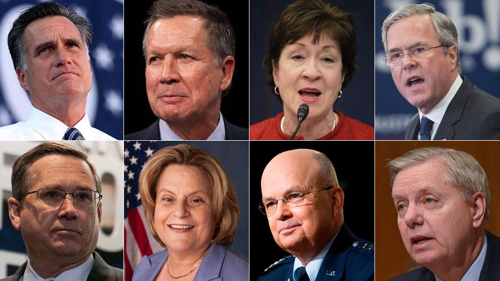 Clockwise from top left: Mitt Romney, John Kasich, Susan Collins, Jeb Bush, Lindsey Graham, Michael Hayden, Ileana Ros-Lehtinen and Mark Kirk