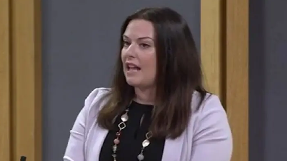 Vikki Howells in the Senedd. She is stood at a lecturn about to speak. She is wearing a black top underneath a lilac jacket and has a beaded and gold necklace on. Her dark shoulder-length hair is untied.