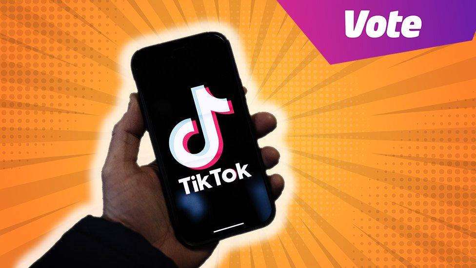 person holding phone with tiktok app, top corner reads 'vote'