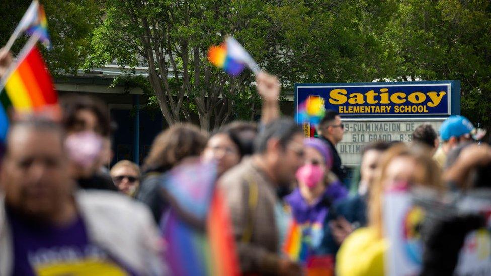 Protesters on Friday outside Saticoy Elementary School