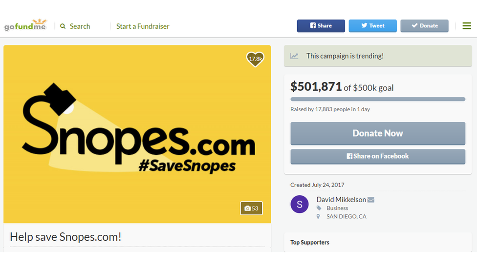 The GoFundMe page for Snopes.com