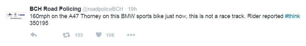 Tweet about speeding motorcycle