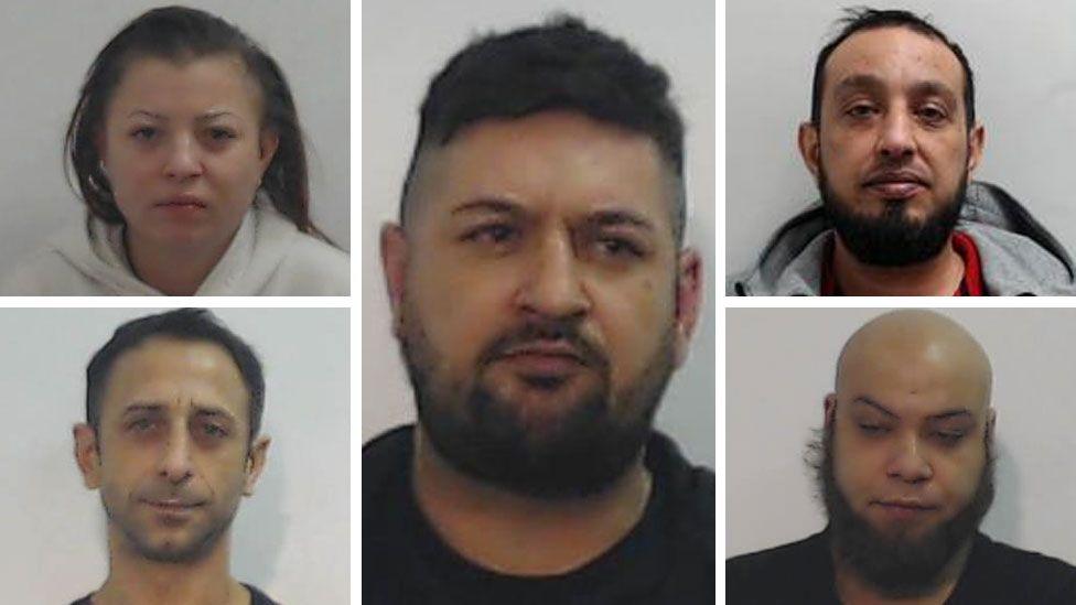 Five police mugshots of the grooming gang, four men and a woman: Alexandra Bugonea (top left), Catalin Dobre (bottom left), Cristian Urlateanu (top right), Remus Stan (bottom right) and ringleader Marian Cumpanasoiu (centre).