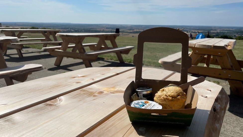 A scone in a box with jam and cream on a picnic bench