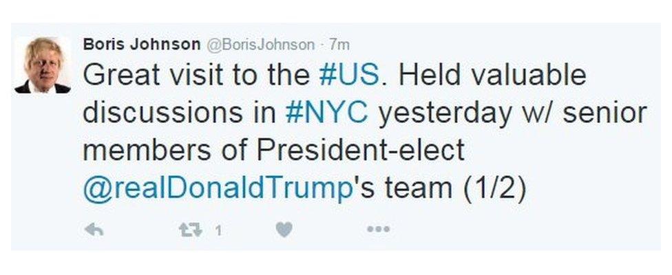 Boris Johnson tweets: "Great visit to the US. Held valuable discussions in NYC yesterday w/ senior members of president-elect @realDonaldTrump's team"