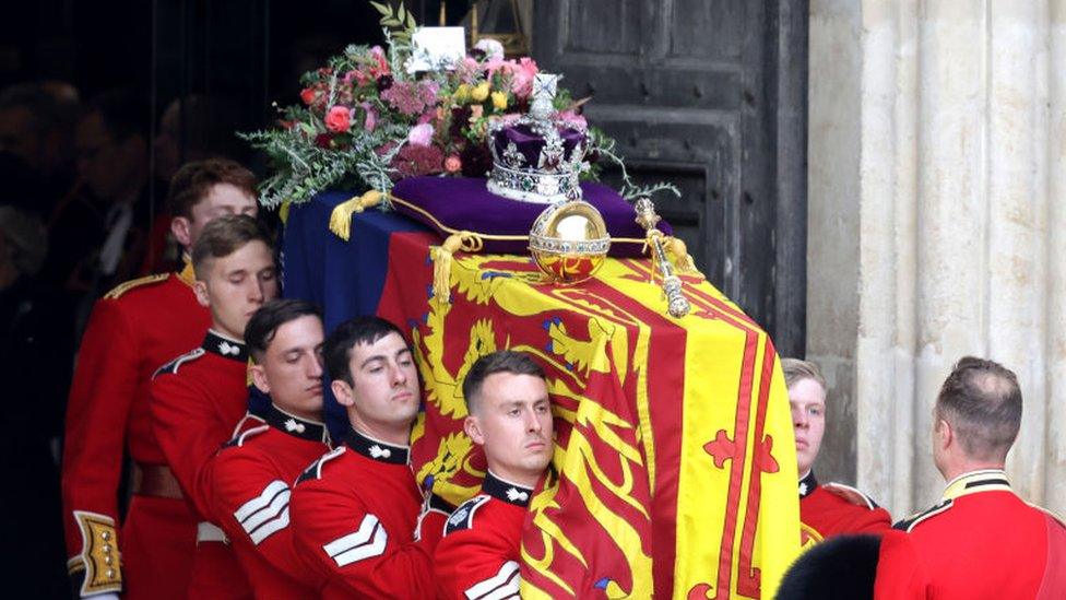 Queen's coffin leaving Westminster Abbey