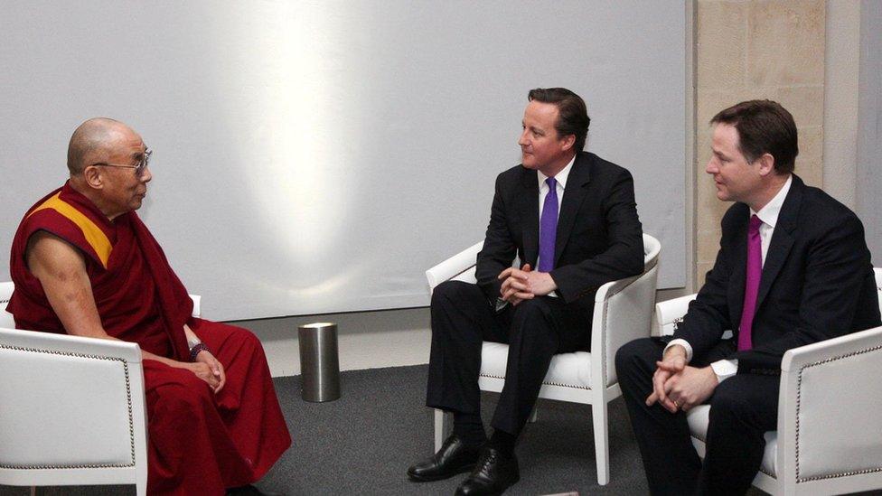 The Dalai Lama meets UK Prime Minister David Cameron and Deputy Prime Minister Nick Clegg