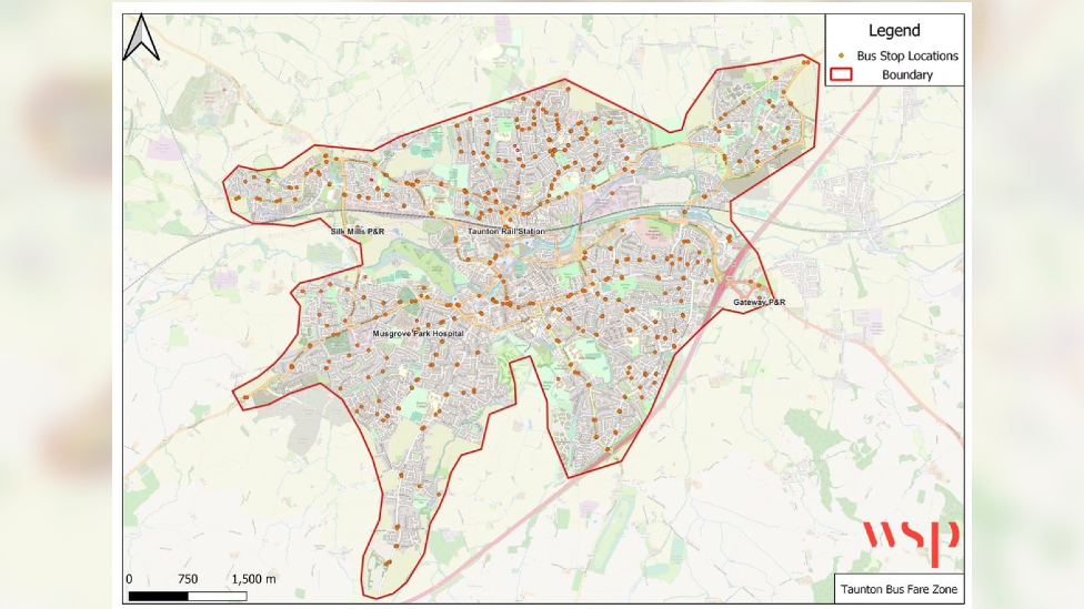 A map showing the Taunton £1 Bus Fare Zone