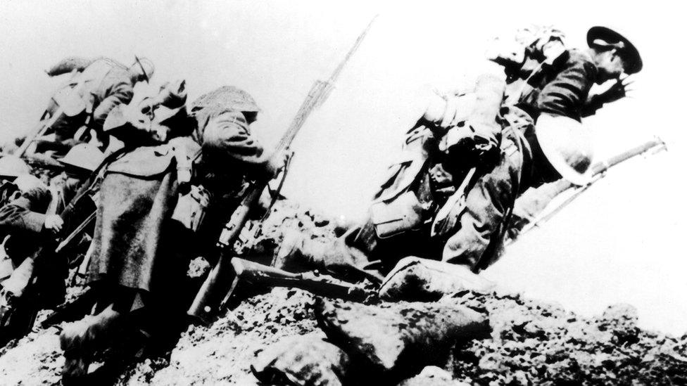 1st July 1916: British troops climbing from their trench on the first day of 'The Big Push' on the Somme during World War I