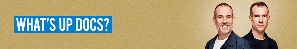 Thin brown banner with headshots of Drs Chris and Xand van Tulleken and the What's up Doctors branding with the wording "Drs Chris and Xand van Tulleken are on a mission to help us take better care of ourselves. Listen to What's Up Docs? on BBC Sounds or wherever you get your BBC podcasts."