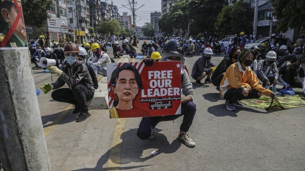 Demonstrators during a protest against the military coup in Yangon, Myanmar, 06 March 2021