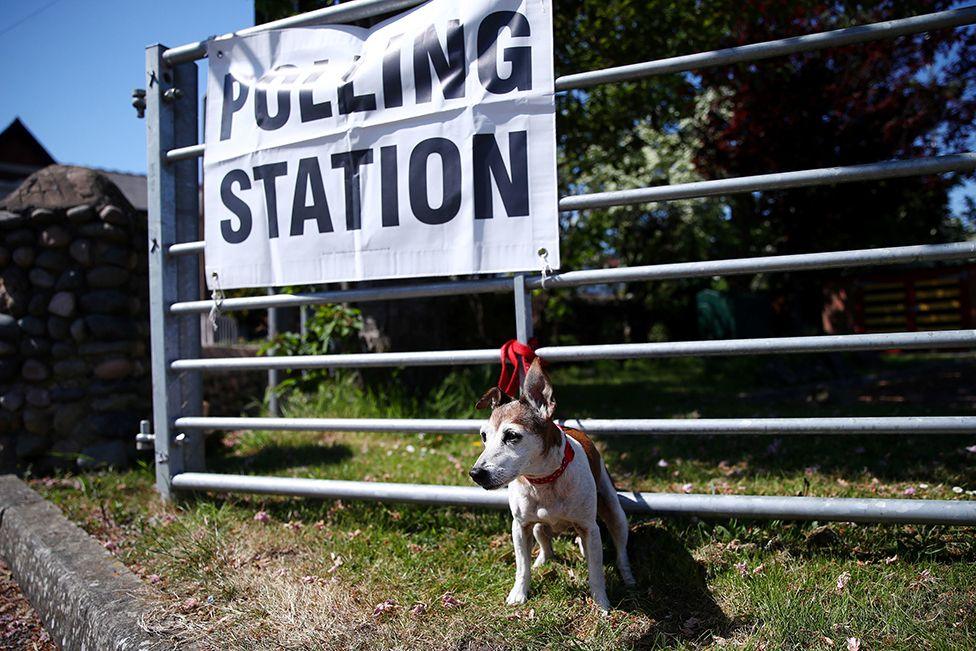 A dog outside a polling station in St. Anne's, Lancashire