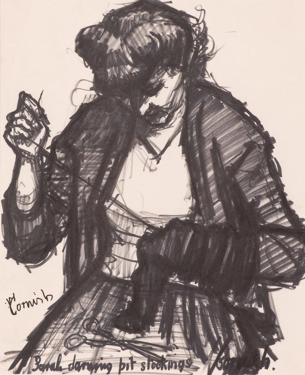 Sarah darning pit stockings, a drawing by Pitmen Painter Norman Cornish