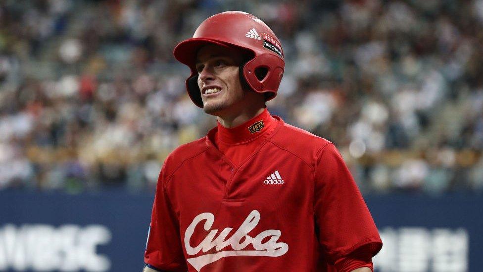 Infielder Cesar Prieto #6 of Cuba reacts in 2019 game