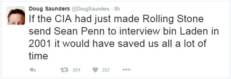 A tweet reads: "If the CIA had just made Rolling Stone send Sean Penn to interview bin Laden in 2001 it would have saved us all a lot of time"