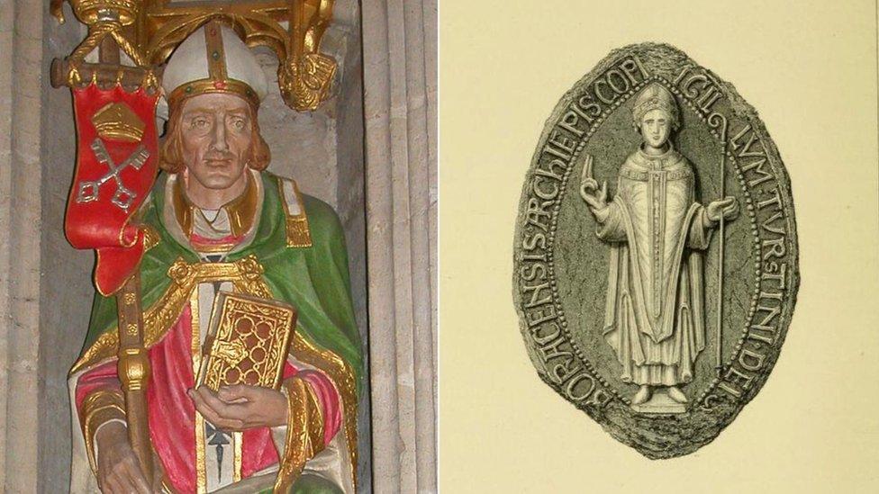 Statue of Thurstan at Ripon Cathedral (l) and image of seal of Thurstan (right)