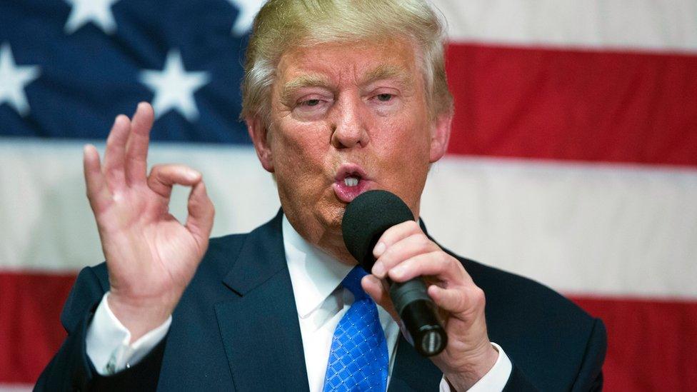 Republican presidential candidate Donald Trump speaks during a town hall in Sandown, 6 Oct