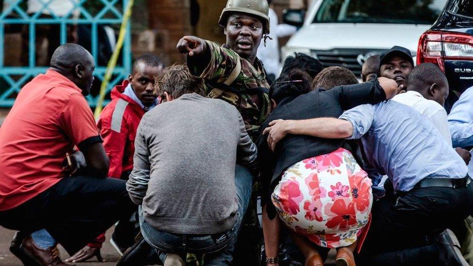 Special forces protect people at the scene of an explosion at a hotel complex in Nairobi's Westlands suburb on 15 January 2019 in Kenya