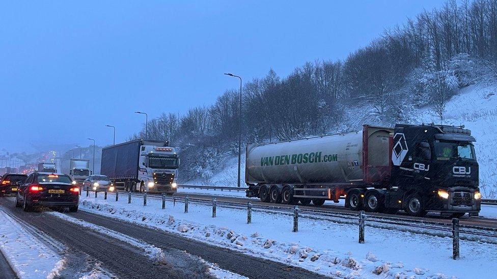 Traffic at a standstill on the M62 motorway near Kirklees, West Yorkshire, due to heavy snow in the area