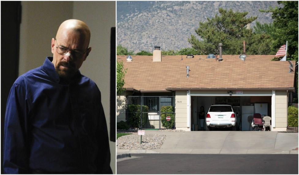 Collage of pic of Walter White character and the New Mexico house where its filmed