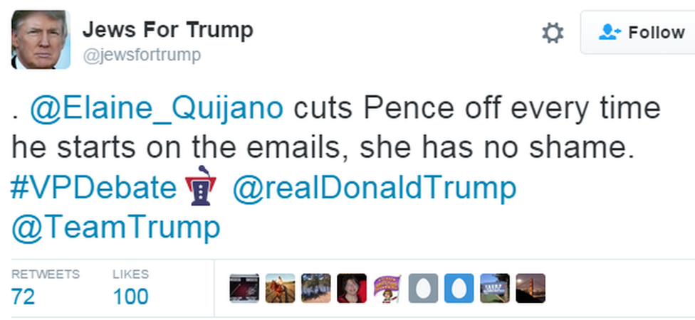 Tweet saying: " @Elaine_Quijano cuts Pence off every time he starts on the emails, she has no shame. #VPDebate @realDonaldTrump @TeamTrump"