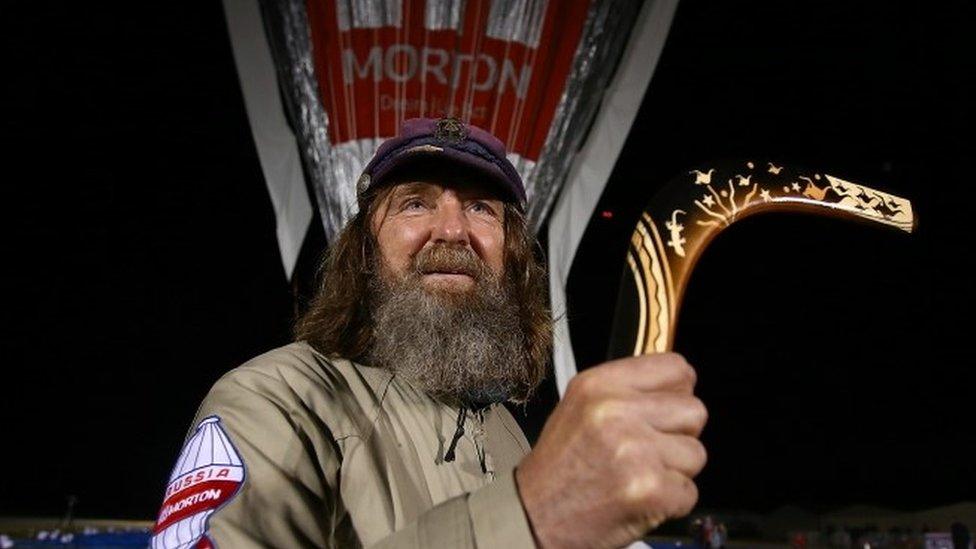 Fedor Konyukhov with a boomerang, before setting off