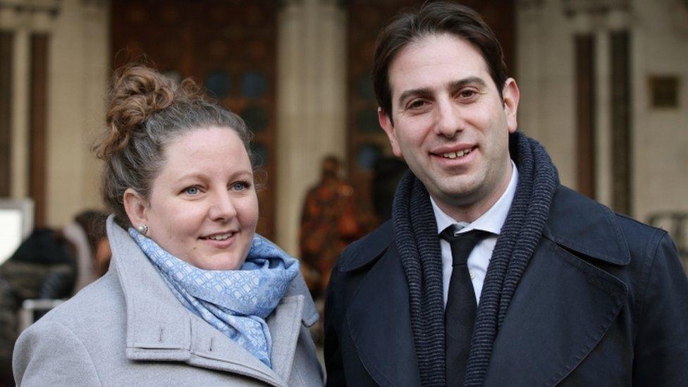 Rebecca Steinfeld and Charles Keidan outside the Royal Courts of Justice