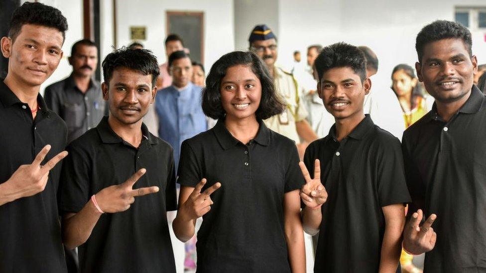 (L-R) Umakant Madavi, Parmesh Aale, Manisha Dhurve, Vikas Soyam and Kavidas Katmode who climbed Mount Everest in Mumbai on 30 May 2018