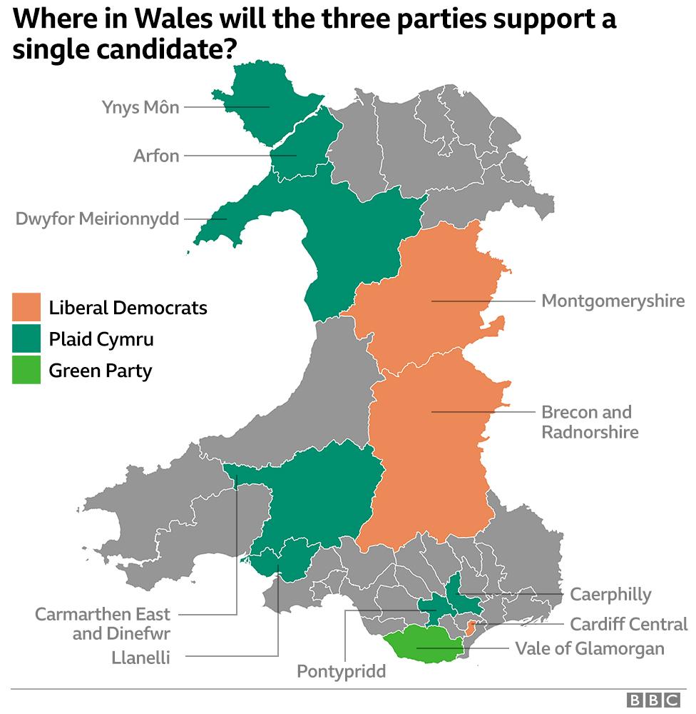 Map showing whether three pro-Remain parties will stand down to support each other in Wales