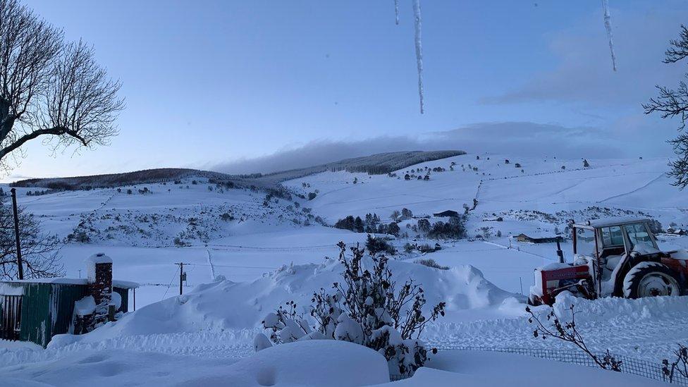 Snowy fields at a farm near Glenkindie, Aberdeenshire