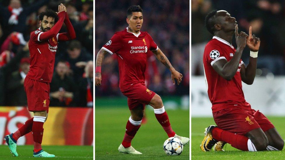 Composite of Salah, Firmino, and Mané.