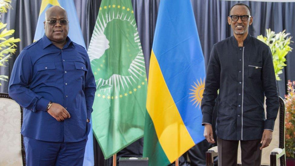 President of Democratic Republic of Congo Felix Tshisekedi is welcomed by President of Rwanda Paul Kagame with an official ceremony in Kigali, Rwanda on June 25, 2021.