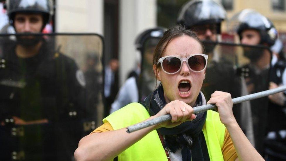 A yellow vest protester at an anti government demonstration on April 20