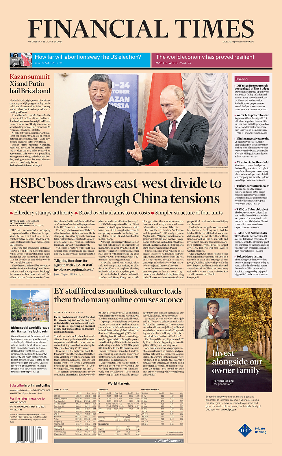 The headline in the Financial Times reads: "HSBC boss draws east-west divide to steer lender through China tensions". 