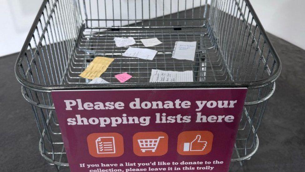 Silver metal shopping trolley with sign asking people to donate their shopping lists and a few handwritten lists scattered in the trolley