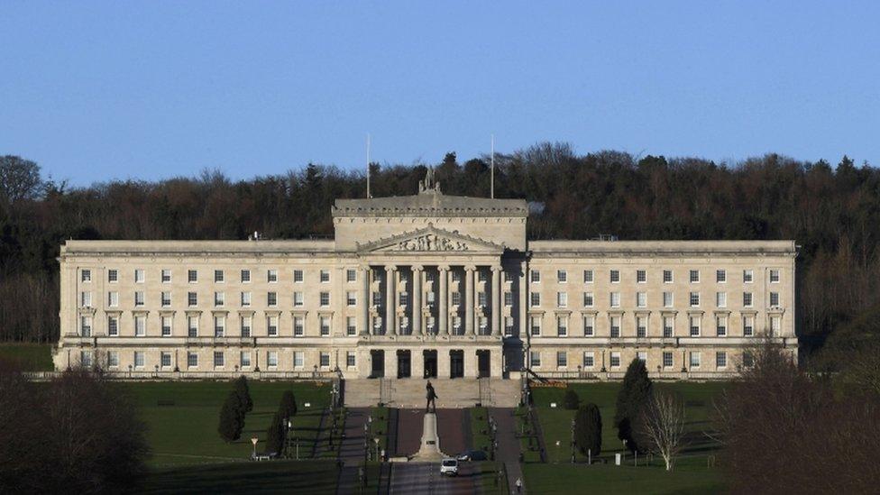 A wide shot of parliament buildings at Stormont, the home of the Northern Ireland Assembly.