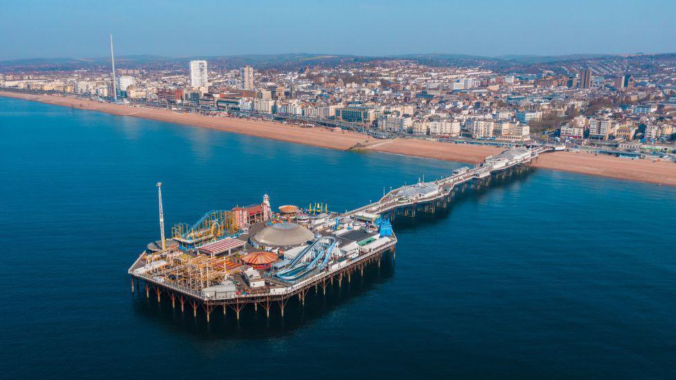 Areal view of Brighton Palace Pier. The city of Brighton can be seen in the background.