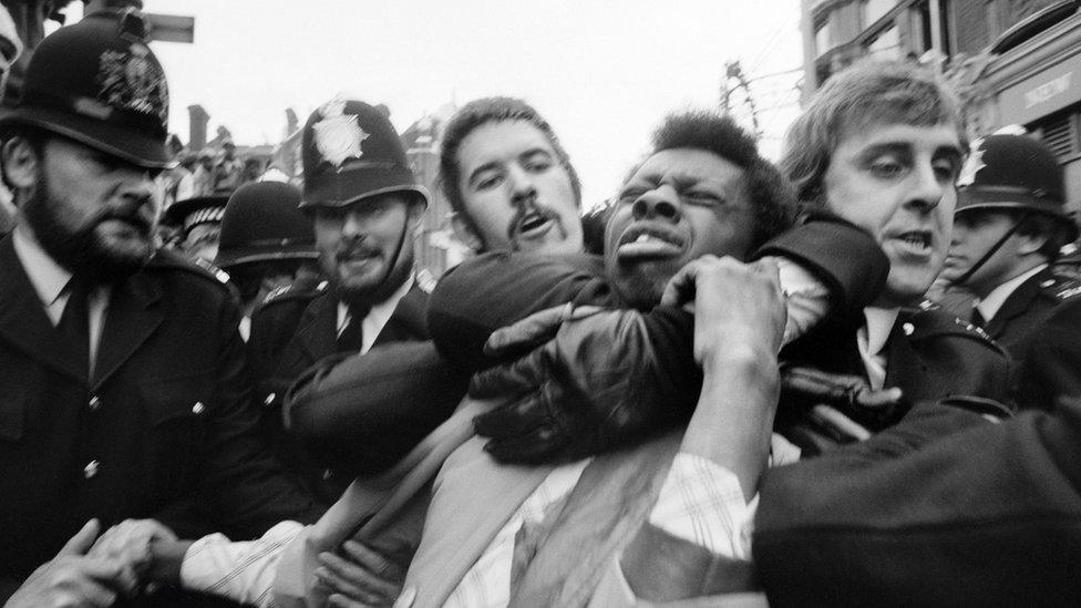 Image of a race riot in 1977 from Migration Museum