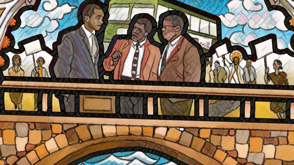 Stain glass window showing Jesus joining the Bristol Bus Boycott