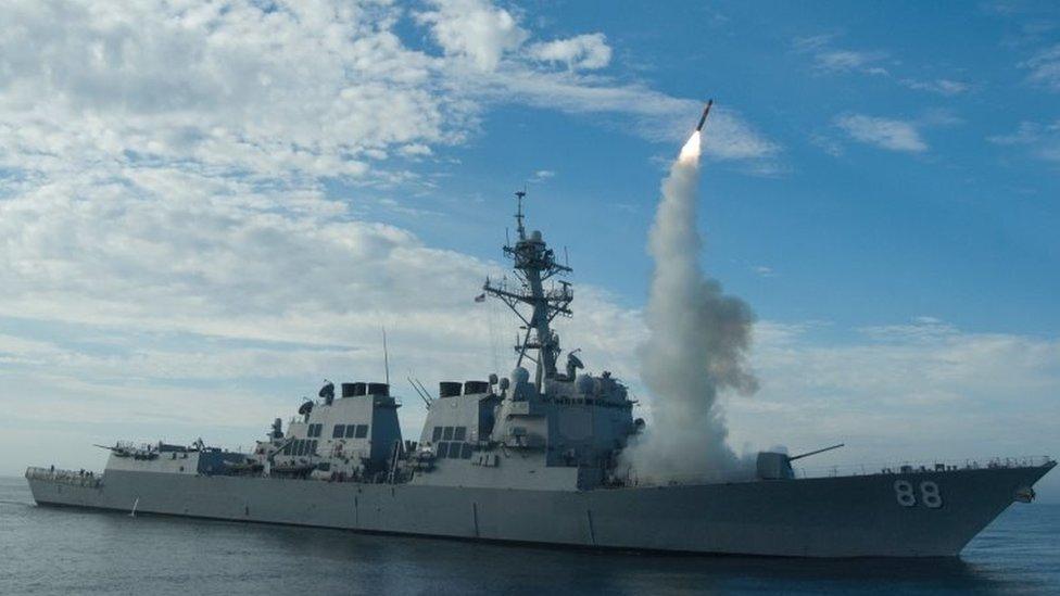 In this image the guided-missile destroyer USS Preble conducts an operational tomahawk missile launch while underway in a training area off the coast of California, on September 29, 2010.