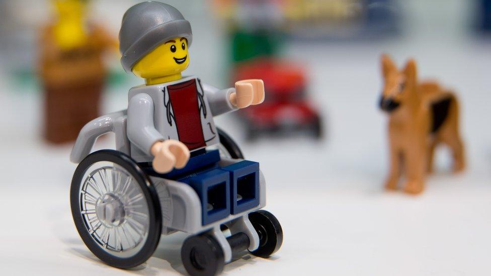 A Lego figure in a wheelchair at the Lego booth on 28 January 2016 in Nuremberg at 67th International Toy Fair